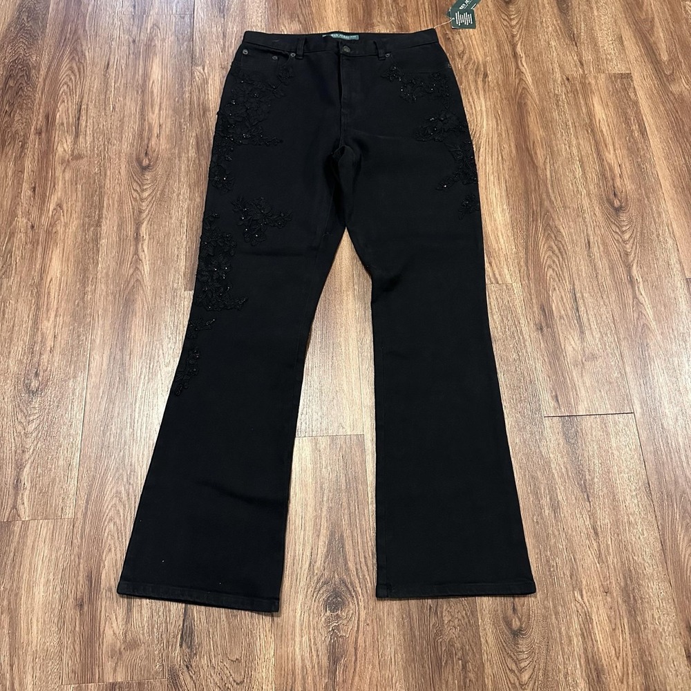 Lauren Jeans Co Ralph Lauren Womens 8 Black Beaded Floral Wide Leg Jeans NEW